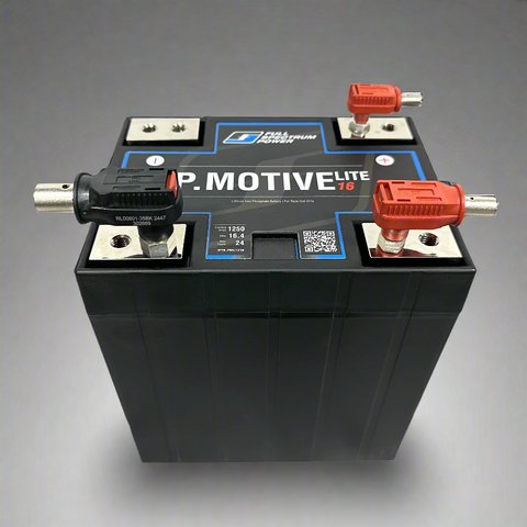 Battery with 'P-Motive Lite' branding on a perforated metal surface